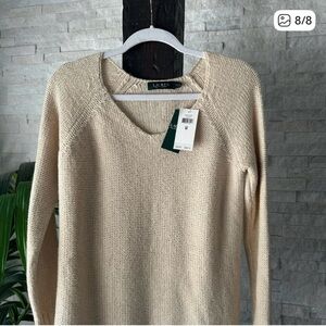 Ralph Lauren Classics Oatmeal Cream Tan V Neck Sweater Size M New with Tags